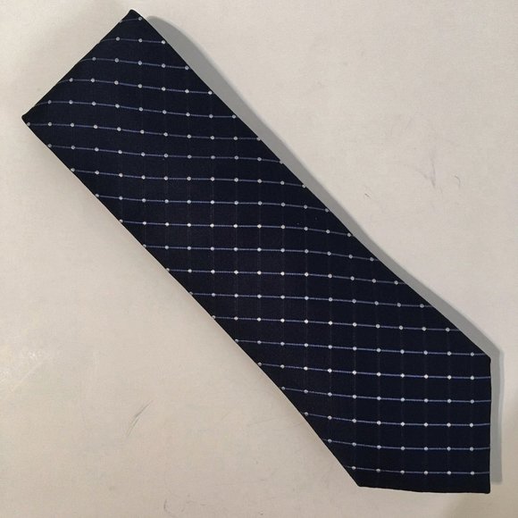 Geoffrey Beene Navy Neck Tie 100% Silk Handmade Geometric Blue Check - Picture 1 of 6
